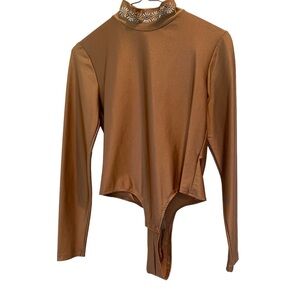 Tan/Gold mock neck Bodysuit size Small thong studded long sleeve by NB Winner